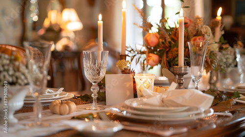 Elegant dining table setting with candles and floral centerpiece in a cozy, warm-lit environment, perfect for celebrations or gatherings.