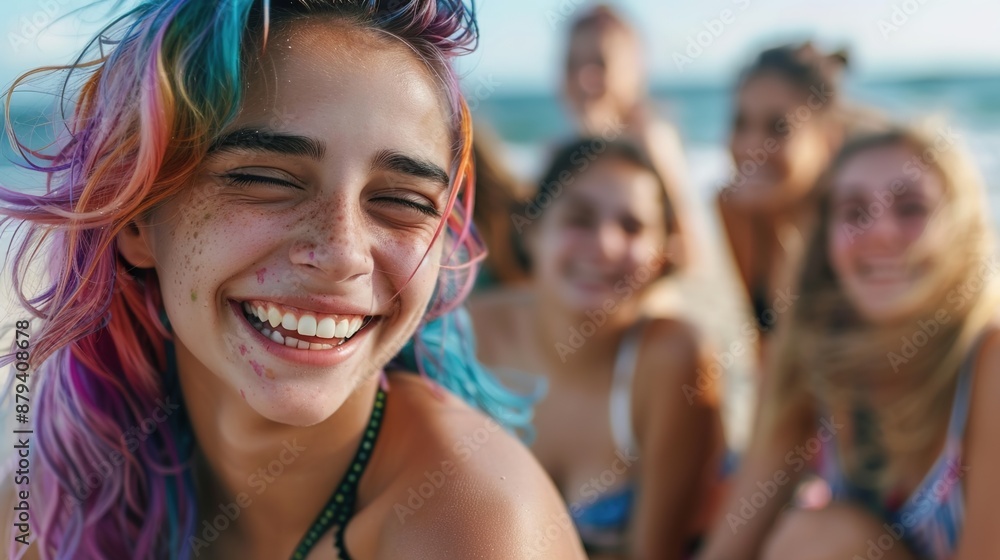 Vibrant Teenager with Colorful Dyed Hair Laughing with Friends at Beach | Fun Summer Moments with Copy Space Vibrant Teenager with Colorful Dyed Hair Laughing with Friends at Beach | Fun Summer Moments with Copy Space