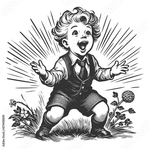 joyful toddler in a vintage outfit, standing in garden with an excited expression sketch engraving generative ai fictional character vector illustration. Scratch board imitation. Black and white image