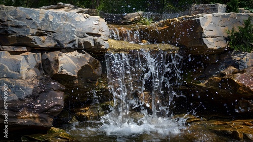 A pond with a waterfall cascading down rock