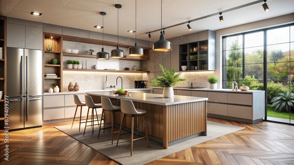 Modern luxury kitchen interior with kitchen island, wooden floor, minimal decor, bright atmosphere, and ample copy space for advertising. Modern luxury kitchen interior with kitchen island, wooden floor, minimal decor, bright atmosphere, and ample copy space for advertising.