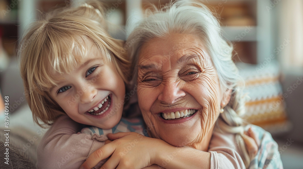 Happy blonde grandma and granddaughter child playing active games on home sofa. Grandmother and grandkid enjoying funny leisure on family meeting, having fun, hugging on couch Happy blonde grandma and granddaughter child playing active games on home sofa. Grandmother and grandkid enjoying funny leisure on family meeting, having fun, hugging on couch