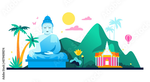 Thailand nature and Buddha statue - modern colored vector illustration with green mountains, palm trees, tropical climate, hot summer, blooming lotus and Shinto shrine. Adventure and tourism