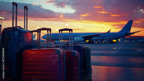 Close up of suitcases at airport with airplane in background during sunset