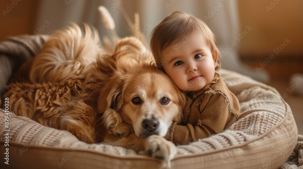 Adorable baby cuddling with a loyal dog on a cozy bed, showcasing love and companionship in a warm indoor setting. Adorable baby cuddling with a loyal dog on a cozy bed, showcasing love and companionship in a warm indoor setting.