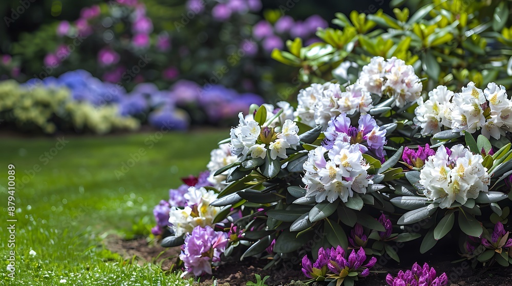Obraz premium A rhododendron with white and purple flowers decorating picture