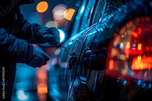 Nighttime Car Theft in Progress Under City Lights