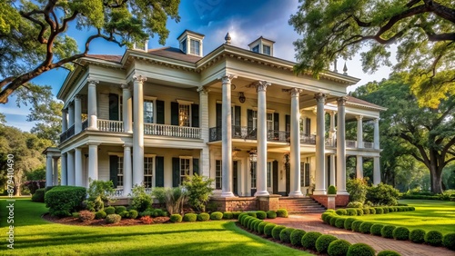 Wallpaper Mural Elegant antebellum-style mansion with grandiose columns, ornate wooden details, and sprawling porch, surrounded by lush greenery and manicured lawn. Torontodigital.ca