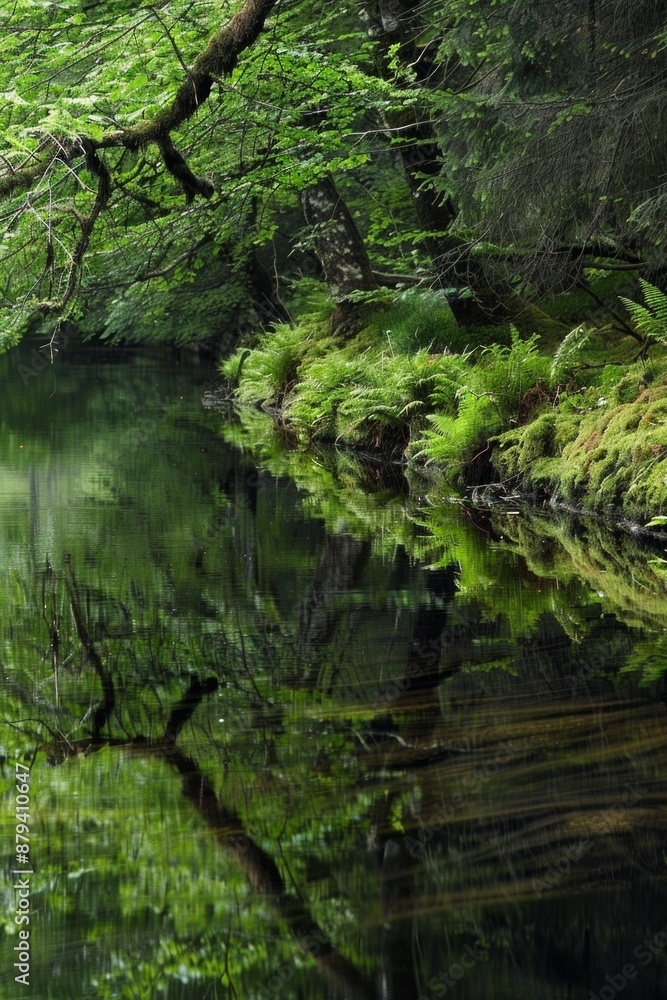 A calm riverbank with lush moss and wild ferns growing along the edge. Clear, reflective water with overhanging branches. A calm riverbank with lush moss and wild ferns growing along the edge. Clear, reflective water with overhanging branches.