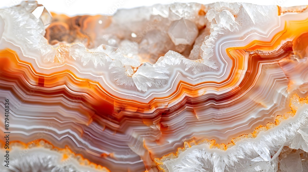 Close-Up of Stunning Banded Agate Crystal with Vibrant Orange and White Layers Close-Up of Stunning Banded Agate Crystal with Vibrant Orange and White Layers