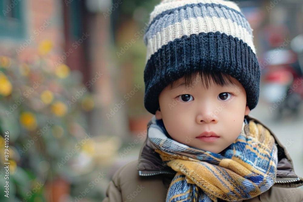 Young child wearing a wool hat and scarf standing outside on a cold day Young child wearing a wool hat and scarf standing outside on a cold day