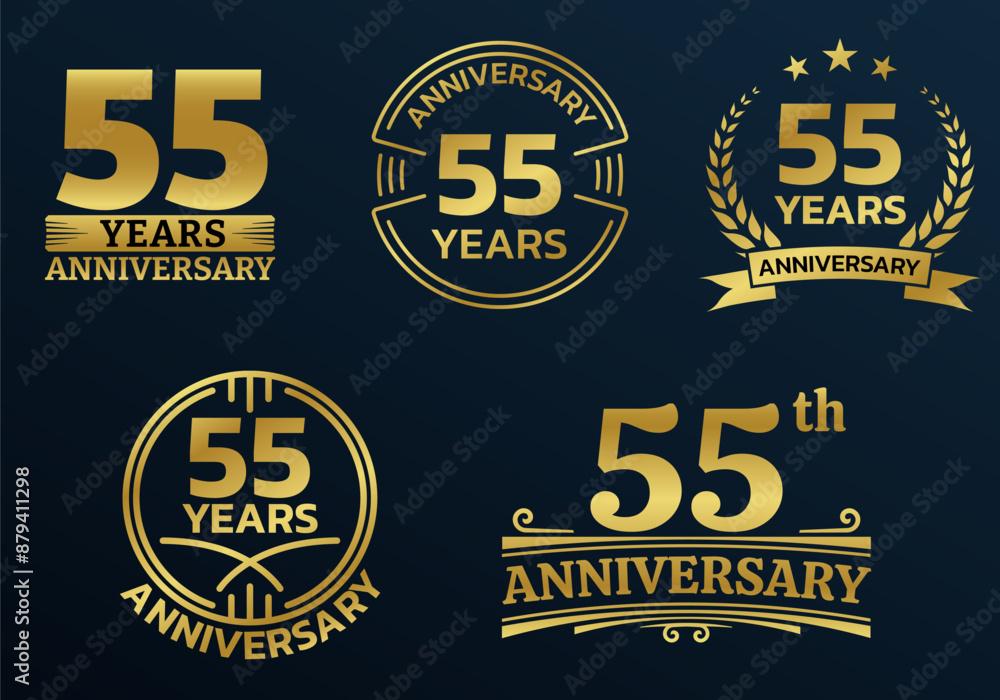 Fototapeta premium 55 years icon or logo set. 55th anniversary celebrating golden sign or stamp. Jubilee, birthday celebration design element. Vector illustration.