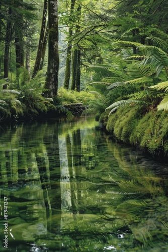 A calm riverbank with lush moss and wild ferns growing along the edge. Clear, reflective water with overhanging branches.