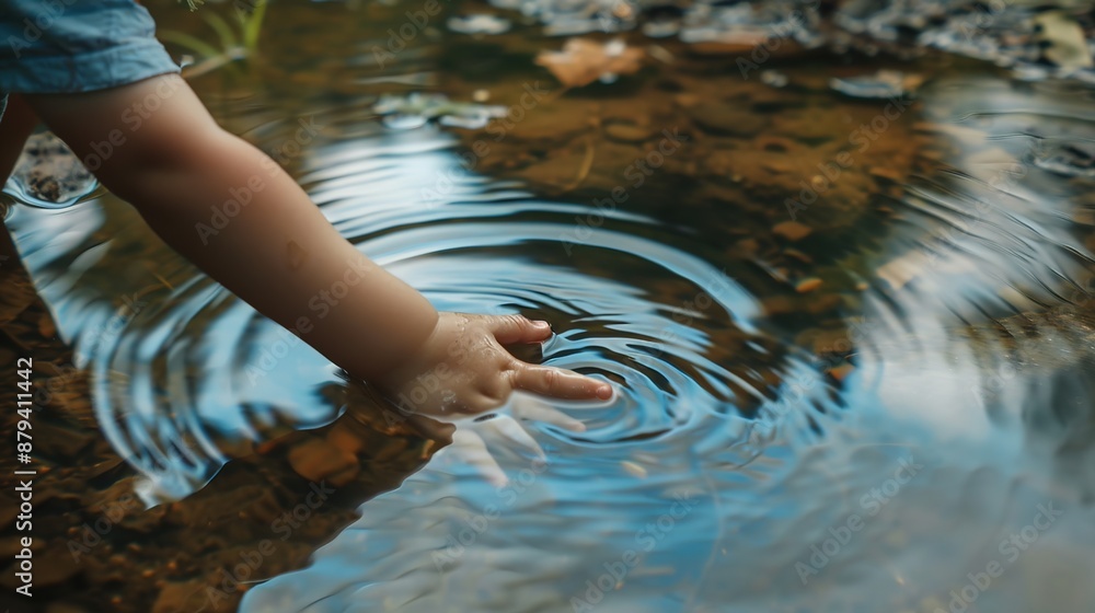 Fototapeta premium Curious Child Exploring the Pond: Young kid reaching out to touch water's surface, pondering nature's wonders.