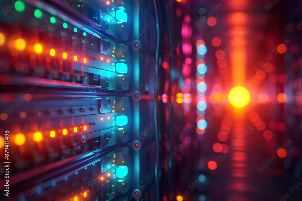 A row of computer servers with blue lights on them, generative ai image. A row of computer servers with blue lights on them, generative ai image.