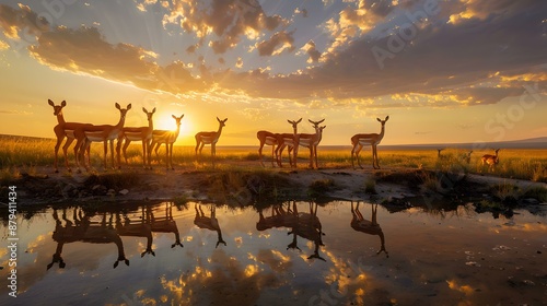 A herd of antelope gathered at a watering