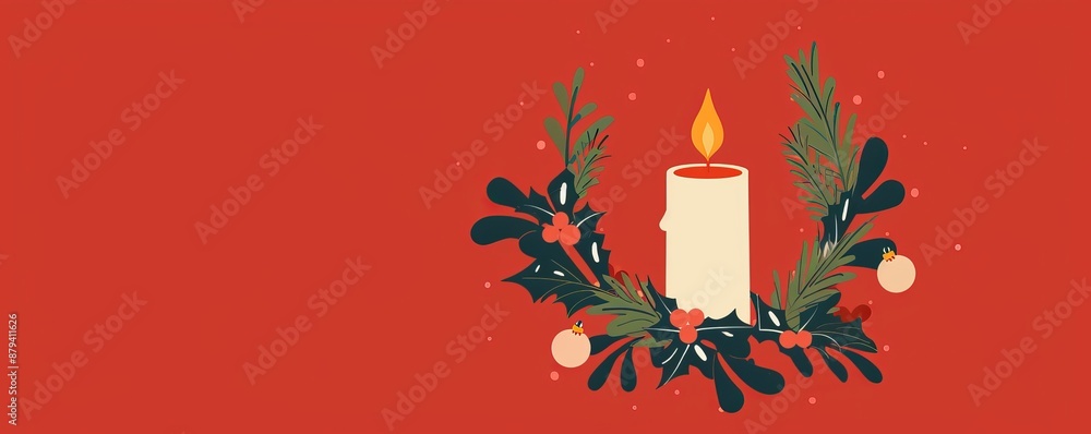 candle in a Christmas wreath on a red background. candle in a Christmas wreath on a red background.