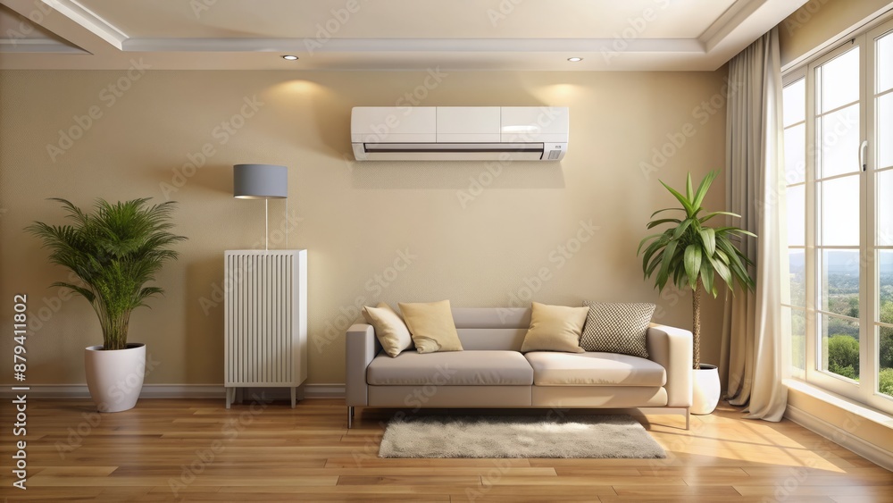 Modern white air conditioning unit mounted on cream-colored wall in a clean and tidy domestic living room interior setting. Modern white air conditioning unit mounted on cream-colored wall in a clean and tidy domestic living room interior setting.