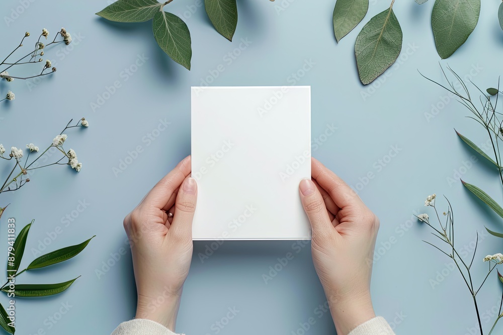 Minimalistic mockup of female hands holding blank greeting card with green leaves and flowers on blue background Minimalistic mockup of female hands holding blank greeting card with green leaves and flowers on blue background