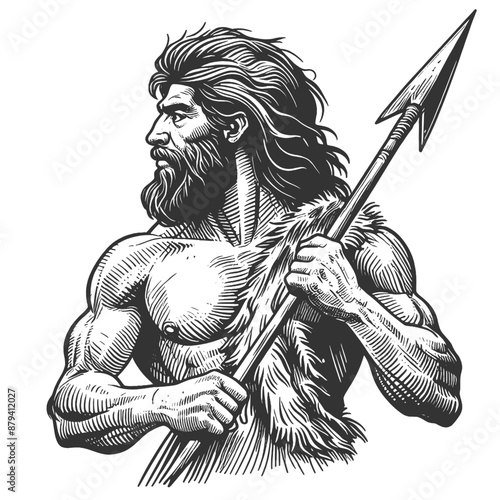prehistoric caveman holding a spear, showcasing primitive human life and ancient survival tools sketch engraving generative ai vector illustration. Scratch board imitation. Black and white image.
