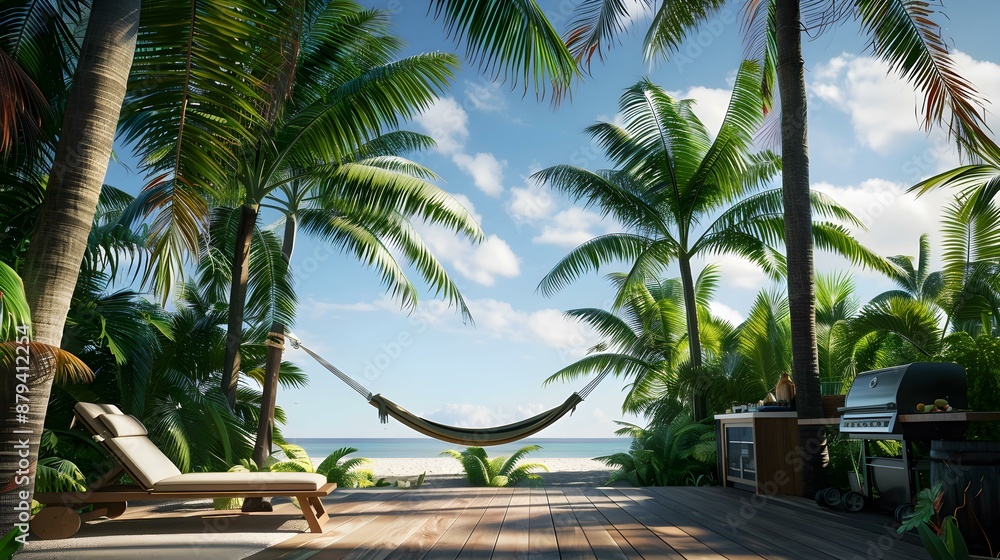 Fototapeta premium Outdoor barbecue where a hammock hanging between palm image