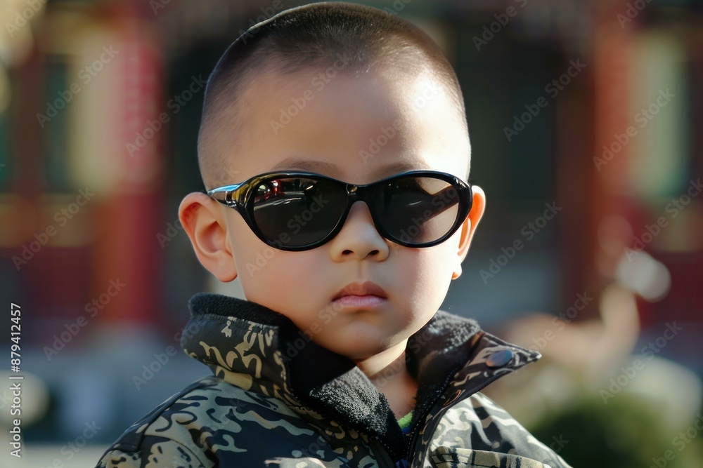 Young boy with a serious expression wearing sunglasses and a camouflage jacket Young boy with a serious expression wearing sunglasses and a camouflage jacket