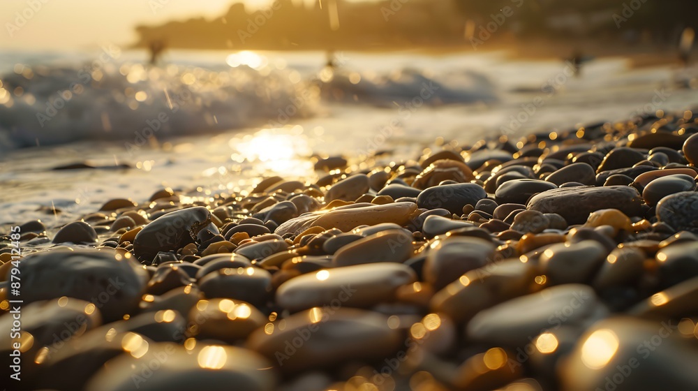 Obraz premium A beach strewn with smooth pebbles where surfers