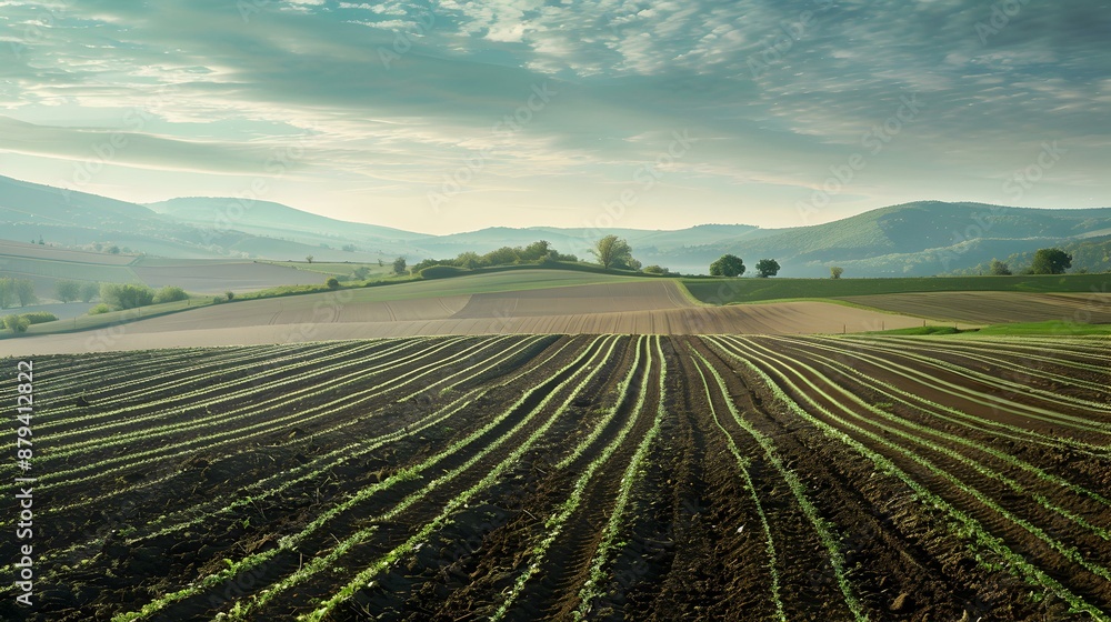 Furrows in a freshly irrigated green field image Furrows in a freshly irrigated green field image