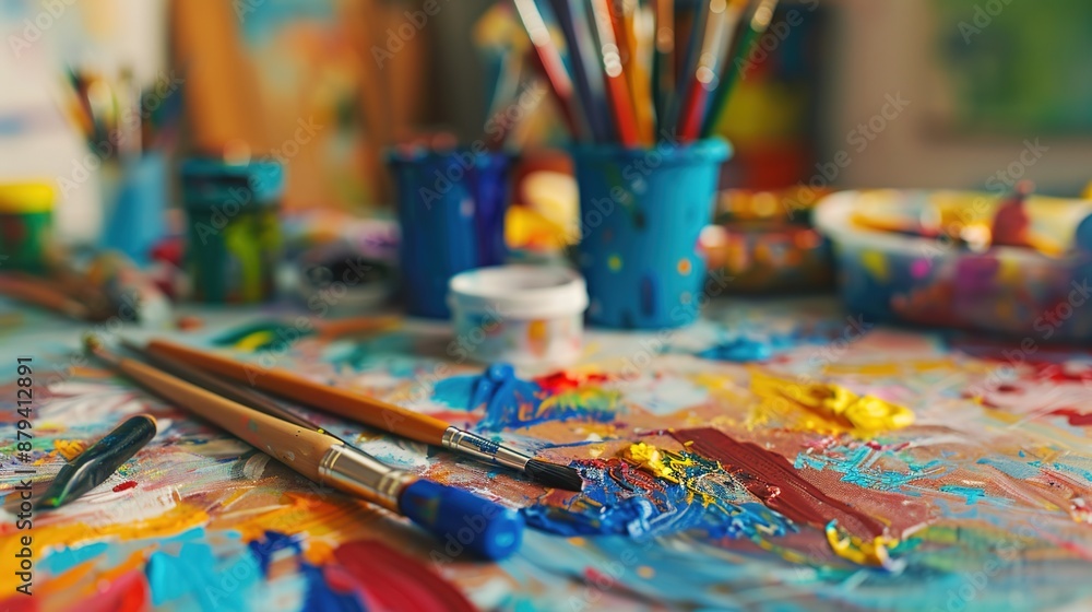 Creative Chaos: Various Kids' Art Supplies Scattered on Desk with Soft Focus Background for Text Space Creative Chaos: Various Kids' Art Supplies Scattered on Desk with Soft Focus Background for Text Space