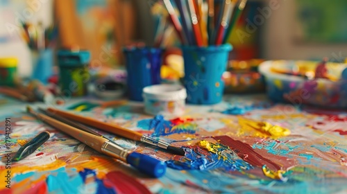 Creative Chaos: Various Kids' Art Supplies Scattered on Desk with Soft Focus Background for Text Space