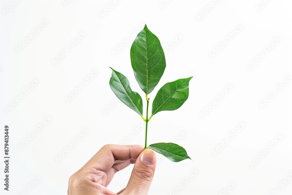Hand holding a green leaf isolated on white background Hand holding a green leaf isolated on white background