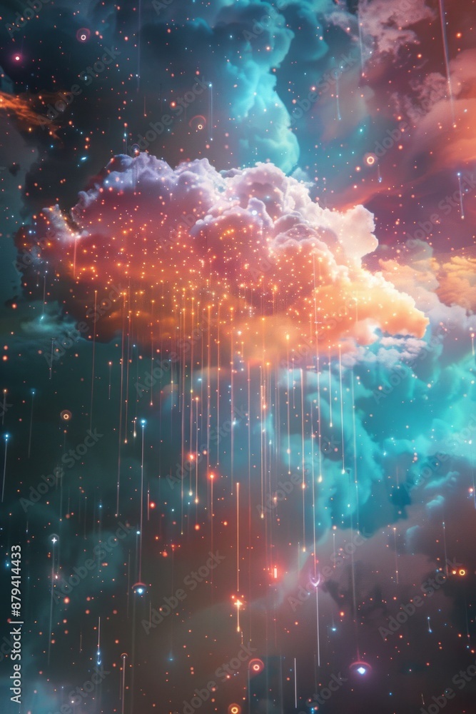 A cloud made up of data streams and digital symbols, floating in space with a glowing, colorful aura. Cloud computing concept A cloud made up of data streams and digital symbols, floating in space with a glowing, colorful aura. Cloud computing concept