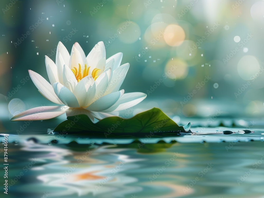 A highresolution photo of a single white lotus flower in a calm pond, symbolizing purity and inner peace, Inner peace, White lotus in pond