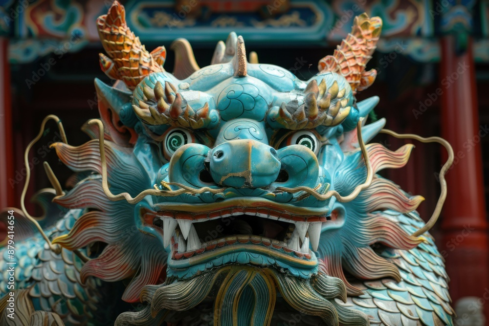 Naklejka premium Traditional colorful chinese dragon statue with an open mouth, guarding the entrance of a temple