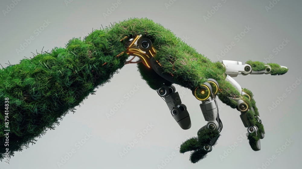 Fototapeta premium A conceptual design featuring a human arm covered in grass and a robotic hand, representing green technology.