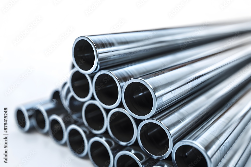 Shiny Metal Pipes Stacked in a Neat Pile Shiny Metal Pipes Stacked in a Neat Pile