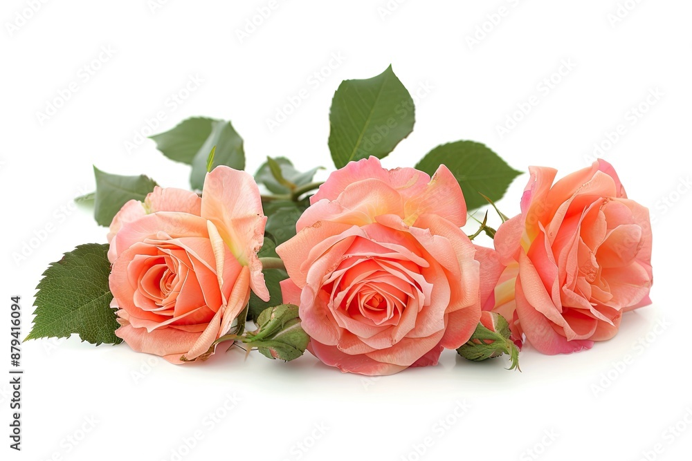 Three peach roses with green leaves on white background Three peach roses with green leaves on white background