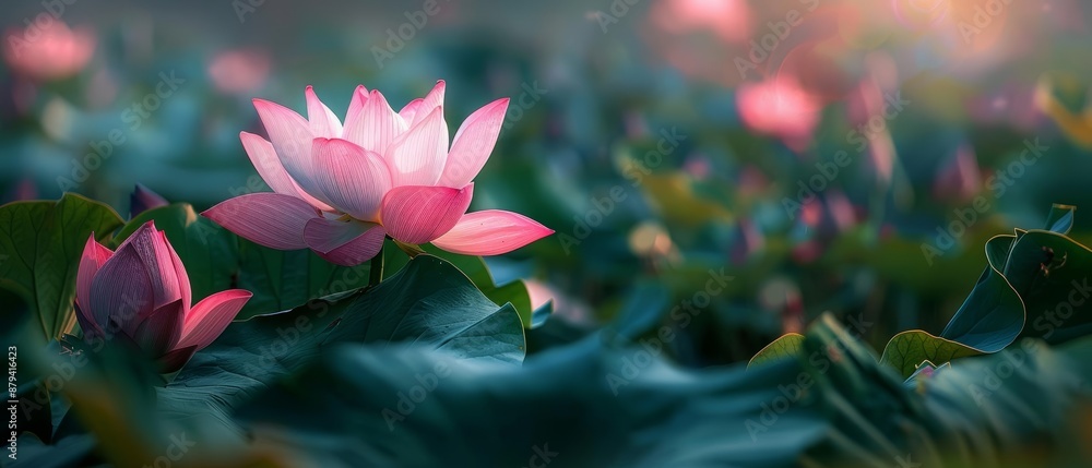 A crisp photo of a blooming pink lotus flower with lush green leaves, emphasizing beauty and peaceful growth, Peaceful growth, Pink lotus with green leaves A crisp photo of a blooming pink lotus flower with lush green leaves, emphasizing beauty and peaceful growth, Peaceful growth, Pink lotus with green leaves
