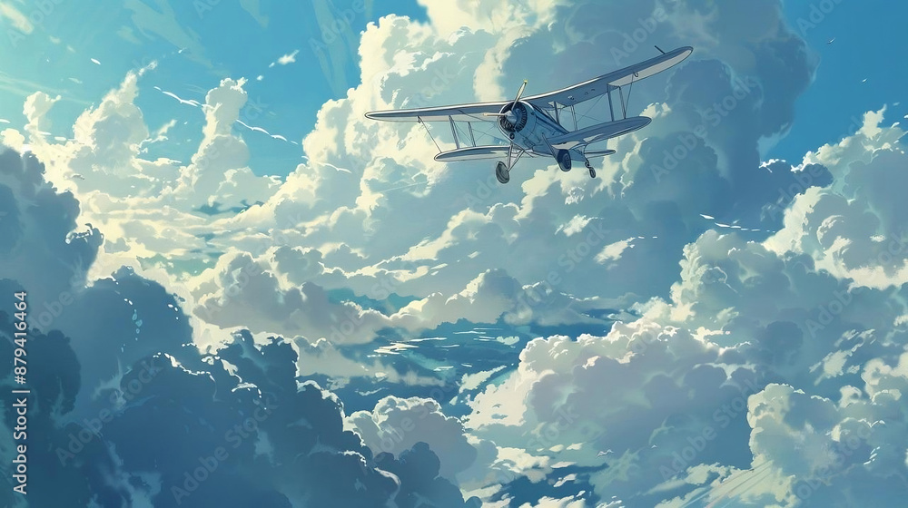 Naklejka premium illustration in anime style: the plane flies in a dramatic sky with clouds. ai generated
