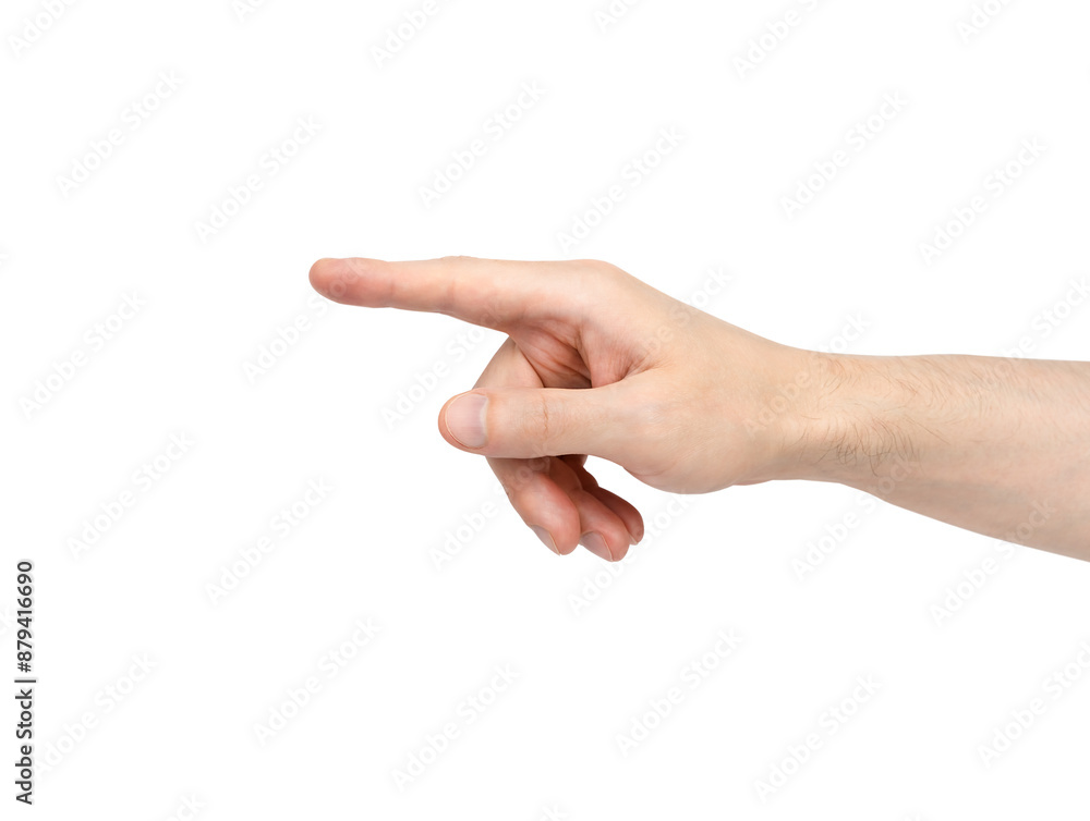Man's hand pointing to something with her index finger isolated on white background. Close up. Man's hand pointing to something with her index finger isolated on white background. Close up.