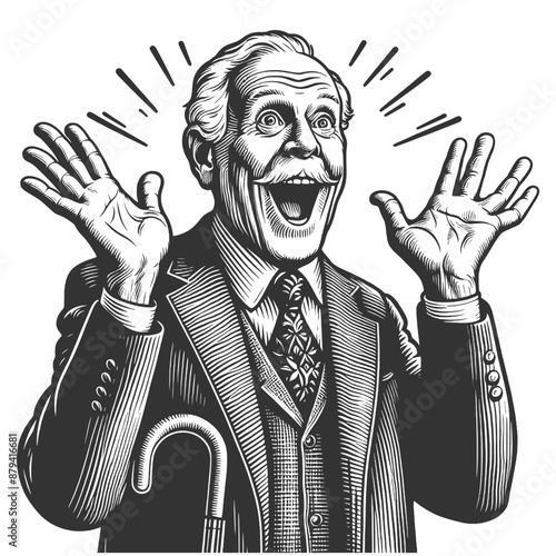 surprised elderly man with a mustache and bow tie, astonished expression sketch engraving generative ai fictional character vector illustration. Scratch board imitation. Black and white image.