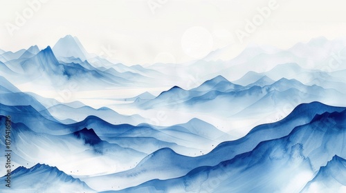 Ethereal watercolor waves and mountains in shades of indigo and light blue on a pristine white background.