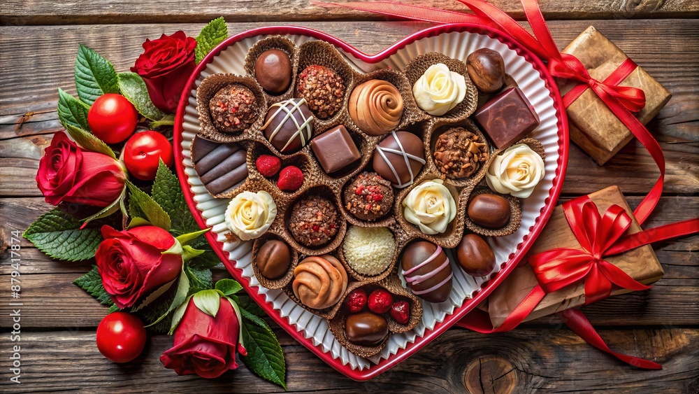 A delicious arrangement of chocolates, cookies, and candies on a heart-shaped platter surrounded by red roses and lace ribbons. A delicious arrangement of chocolates, cookies, and candies on a heart-shaped platter surrounded by red roses and lace ribbons.