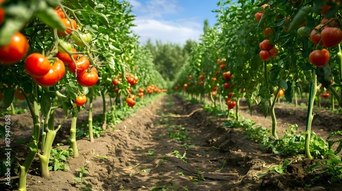 Fields of tomatoes and bushes with red fruits image