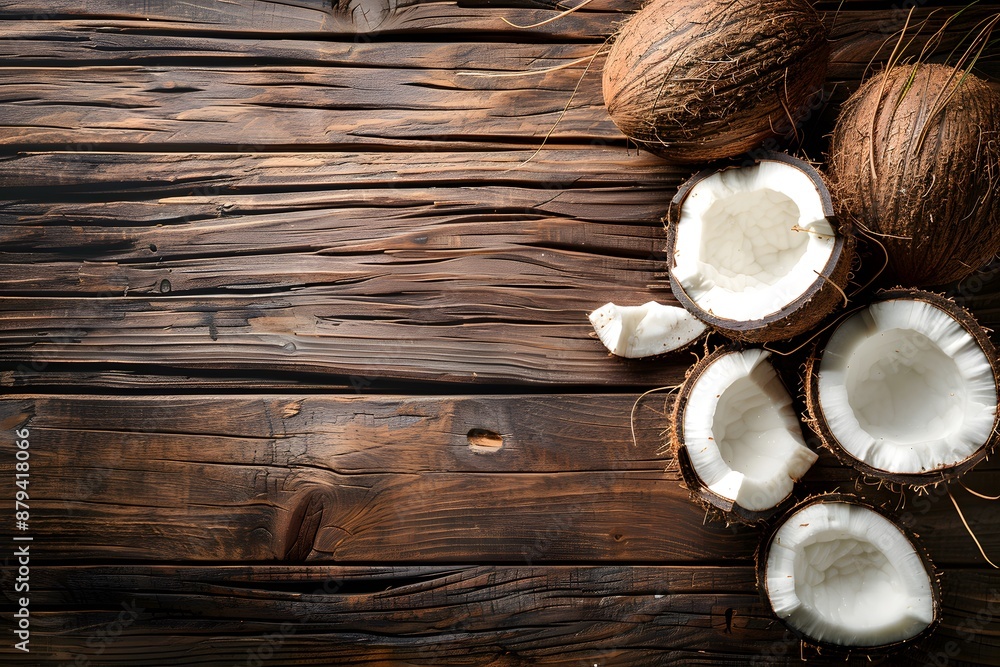 Fresh Coconuts on Rustic Wooden Table Fresh Coconuts on Rustic Wooden Table