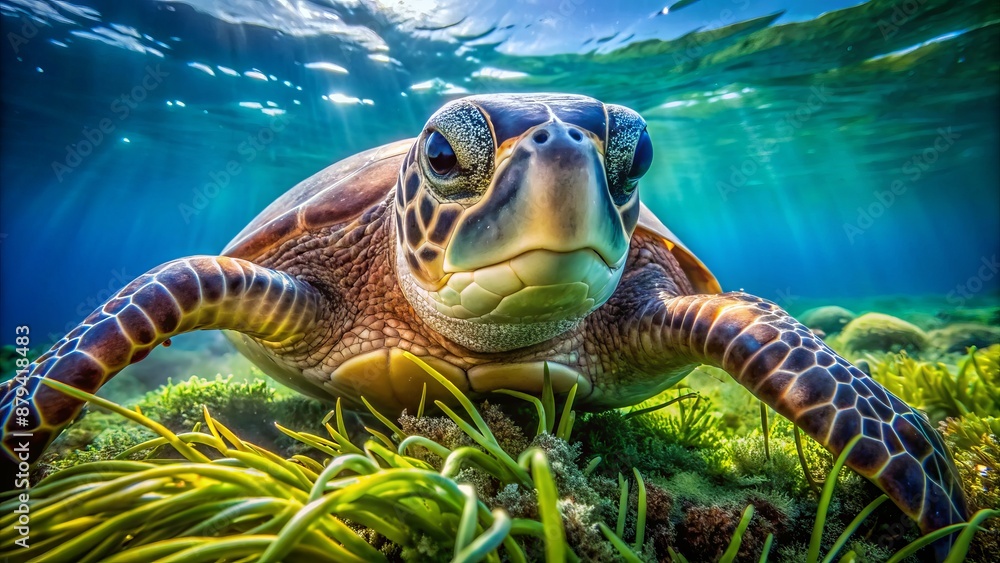 Obraz premium A majestic sea turtle munches on lush green seaweed, its ancient eyes gazing calmly, set against a crystal clear transparent backdrop.