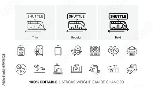 Boarding pass, Baggage claim, Arrival. Airport line icons set. Connecting flight, tickets, pre-order food icons. Passport control, airport baggage carousel, flight mode. Line icons set. Vector