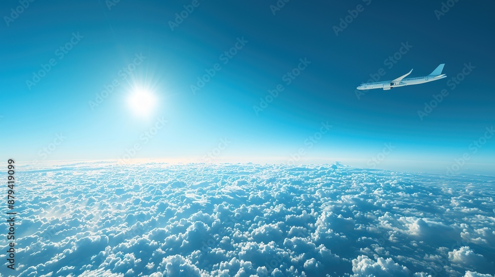 Naklejka premium Airplane flying above clouds against a clear blue sky, symbolizing international travel and business mobility