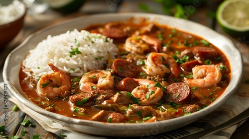 The gumbo is thick and flavorful with pieces picture