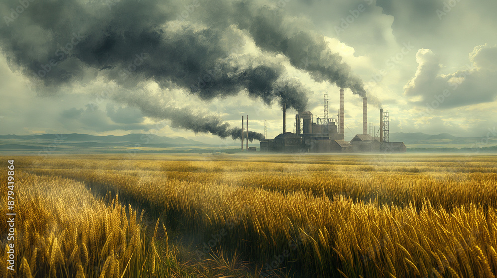 wheat fields and a factory in the background that shows environmental issues wheat fields and a factory in the background that shows environmental issues